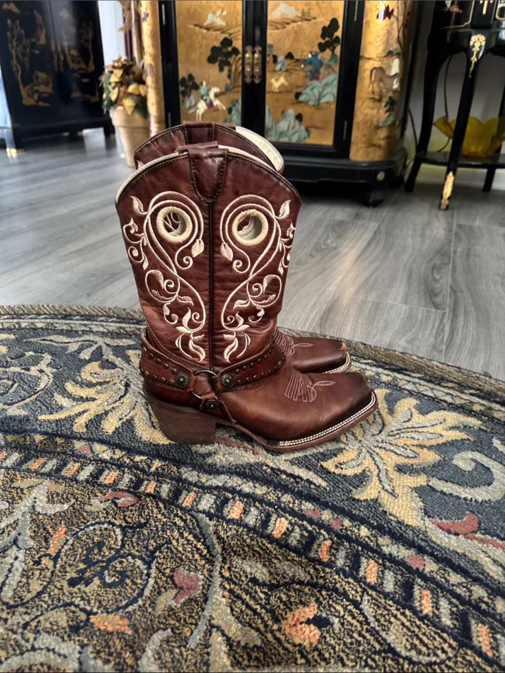 J.B. Dillon Brown Leather Western Harness Heeled Boots with Cream Stitching